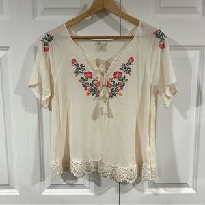 Cato Cream Blouse with Colorful Floral Embroidery Size M Sheer Spring